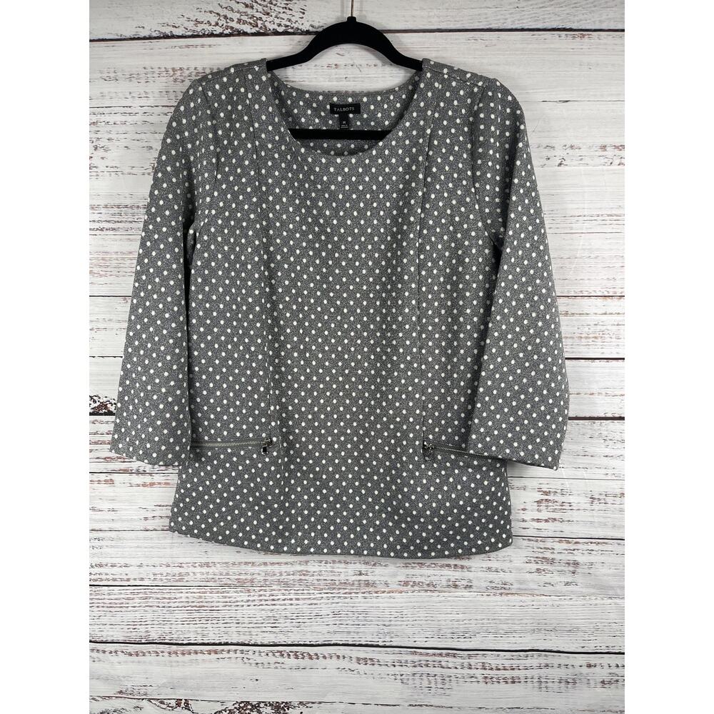 Talbots Sweater Women's SZ M Gray White Polka Dot Metallic Knit Pullover Zipper